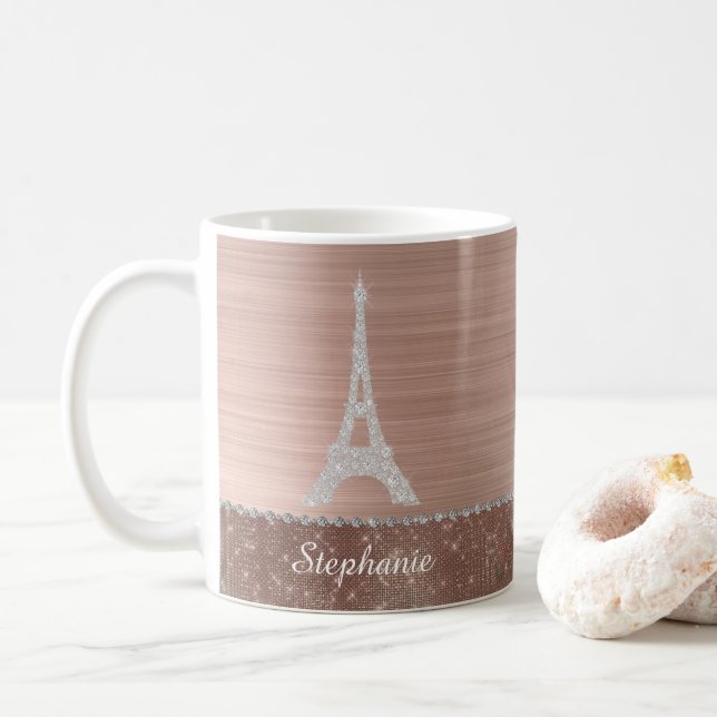 Personalised Girly Rose Gold Diamond Sparkle Paris Coffee Mug (With Donut)