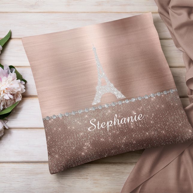 Personalised Girly Rose Gold Diamond Sparkle Paris Cushion (Personalized Girly Rose Gold Diamond Sparkle Paris Throw Pillow)
