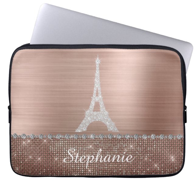 Personalised Girly Rose Gold Diamond Sparkle Paris Laptop Sleeve (Front)