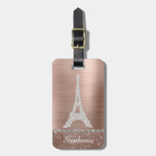 Personalised Girly Rose Gold Diamond Sparkle Paris Luggage Tag