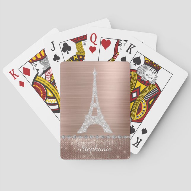 Personalised Girly Rose Gold Diamond Sparkle Paris Playing Cards (Back)