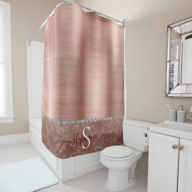 Personalised Girly Rose Gold Glam Diamond Sparkle Shower Curtain (In Situ)