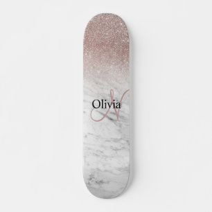 Personalised Girly Rose Gold Glitter Blush Marble  Skateboard