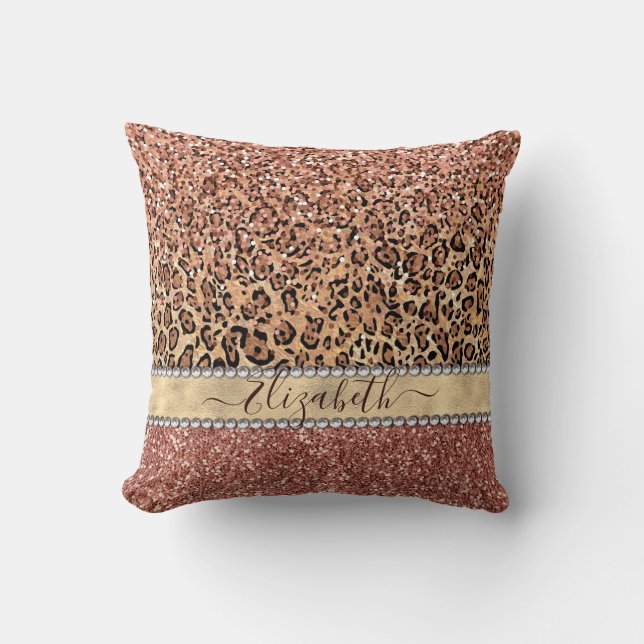 Personalised Girly Rose Gold Glitter Leopard  Name Cushion (Front)