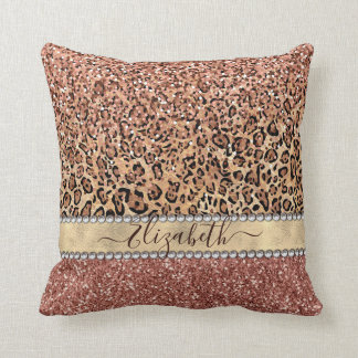 Personalised Girly Rose Gold Glitter Leopard  Name Cushion
