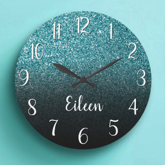 Personalised Girly Teal Glitter Black Ombre Large Clock