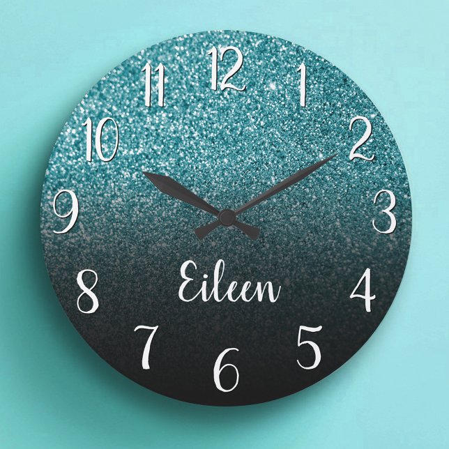 Personalised Girly Teal Glitter Black Ombre Large Clock (Personalized Girly Teal Glitter Black Ombre Large Clock)