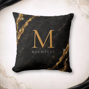 Personalised Glam Black Marble Gold Monogram Cushion