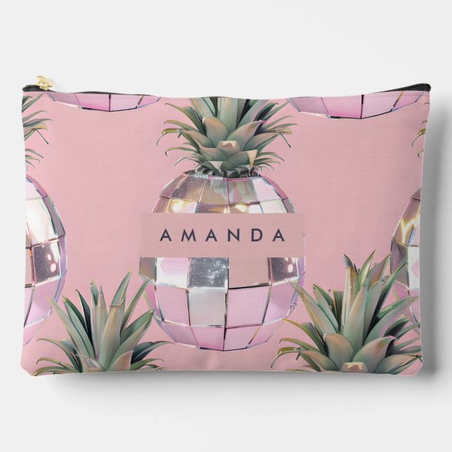 Personalised Glam Disco Pineapple Pink Metallic Accessory Pouch (Front)