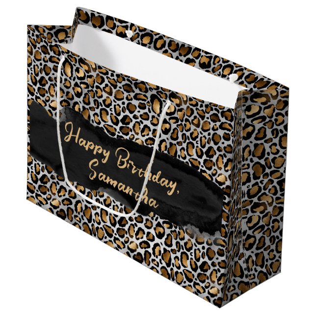 Personalised Glam Metallic Leopard Print Birthday Large Gift Bag (Front Angled)