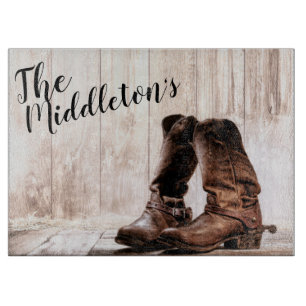 Personalised Glass Cutting boots country rustic we Cutting Board
