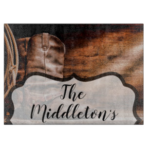 Personalised Glass Cutting Cowboy Boots Barn Wood Cutting Board