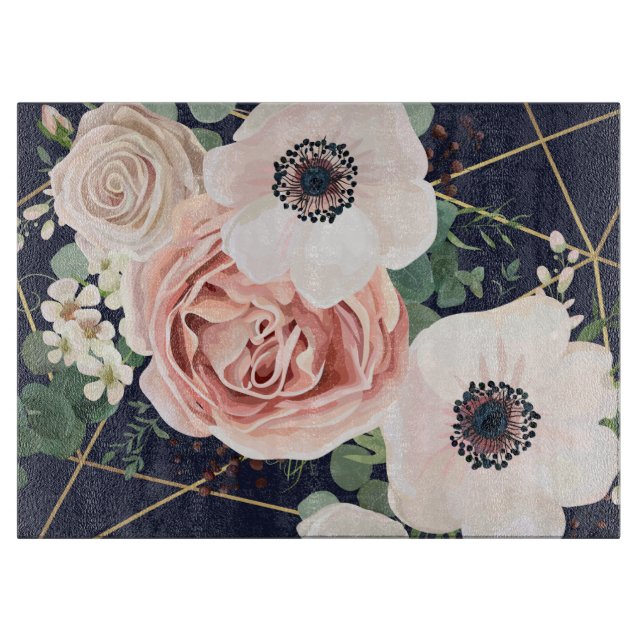 Personalised Glass Cutting Geometric Garden Navy Cutting Board (Front)