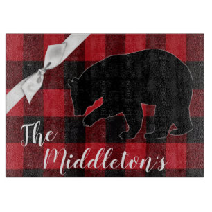 Personalised Glass Cutting Red Buffalo Plaid Bear Board