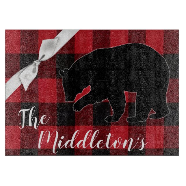 Personalised Glass Cutting Red Buffalo Plaid Bear Board (Front)