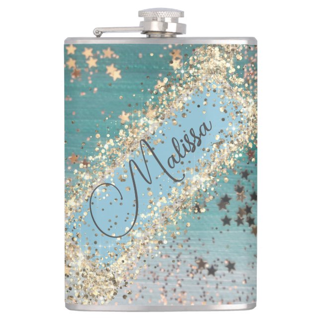Personalised Glitter Gold Stars on Teal            Hip Flask (Front)