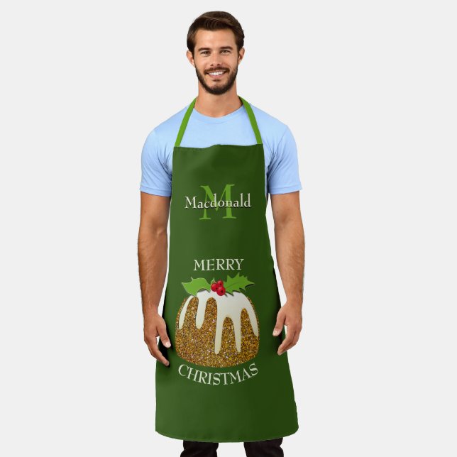 Personalised GLITTER Green Christmas Pudding Apron (Worn)