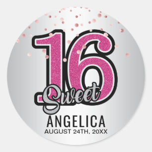 Personalised Glitter Pink Gold Sweet SIXTEEN 16 Classic Round Sticker
