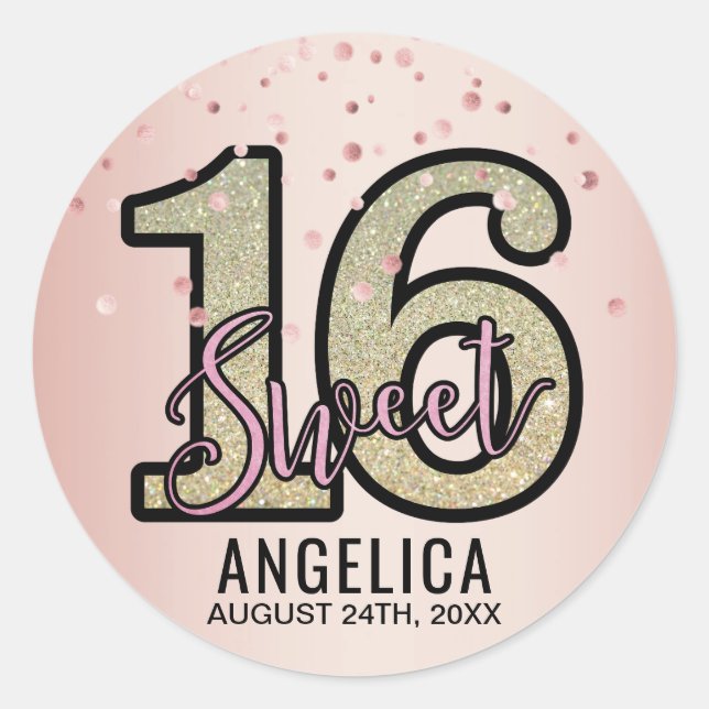 Personalised Glitter Rose Gold Sweet SIXTEEN 16 Classic Round Sticker (Front)
