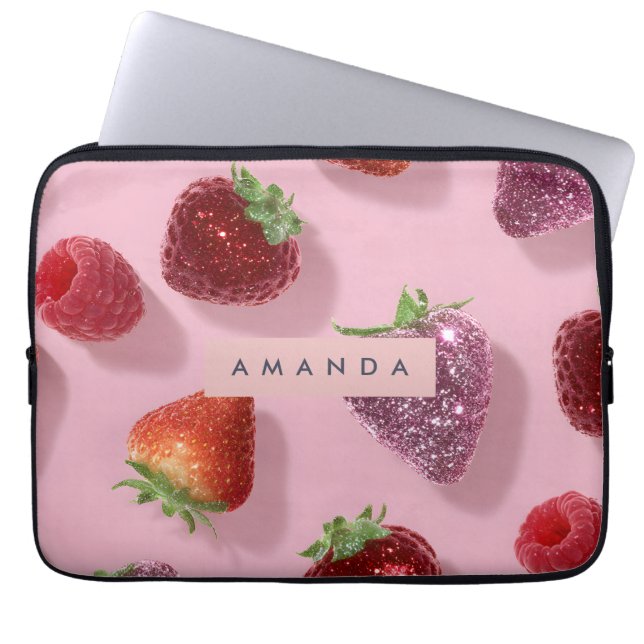 Personalised Glitter Strawberry & Raspberry  Laptop Sleeve (Front)