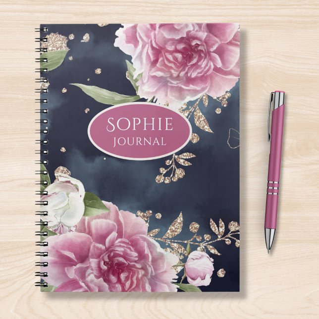 Personalised Glitter Watercolor Pink Floral Girly Notebook (Creator Uploaded)