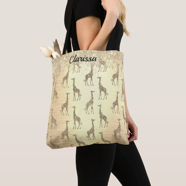 Personalised Glittery Giraffe on Metallic Gold Tote Bag (Close Up)