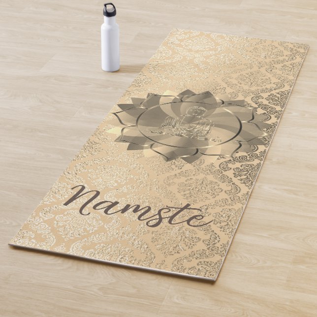 Personalised Glittery Gold Damask Buddha Lotus Yoga Mat (In Situ)
