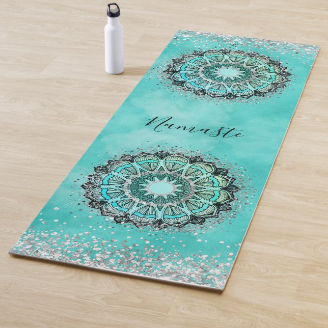 Personalised Glittery Lotus Mandala on Teal Yoga Mat (In Situ)