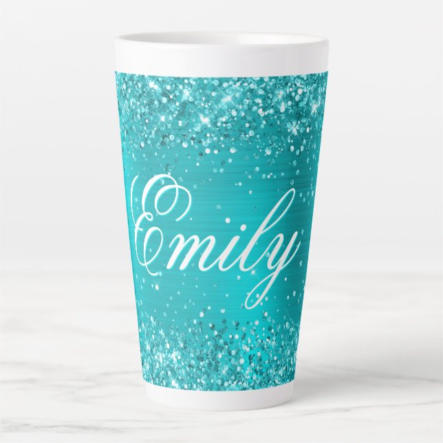 Personalised Glittery Turquoise Blue Foil Latte Mug (Front)