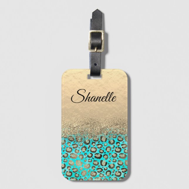 Personalised Glittery Turquoise Leopard      Luggage Tag (Front Vertical)