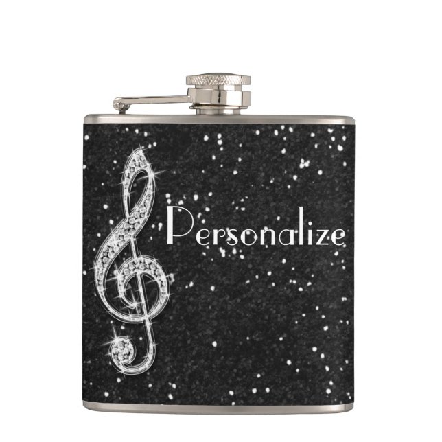 Personalised Glitzy Sparkly Diamond Music Note Hip Flask (Front)