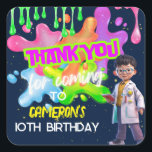 Personalised Glow Slime Science Party Favour Square Sticker<br><div class="desc">Say "Thanks for experimenting with us!" with this personalised science-themed thank you sticker! Featuring fun lab-inspired designs like slime and goo, this custom party favour sticker is perfect for science birthday parties, STEM events, and educational celebrations. Use it to seal favour bags, decorate gifts, or add a finishing touch to...</div>