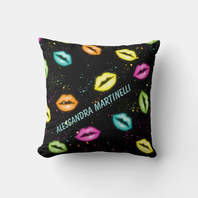 Personalised Glowing Neon Lips Pillow on Black (Front)