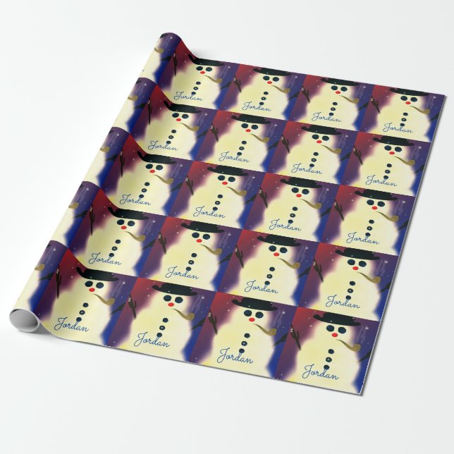 Personalised Glowing Snowman Christmas Wrapping Paper (Unrolled)