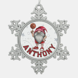 Personalised Gnome Basketball Snowflake Pewter Christmas Ornament