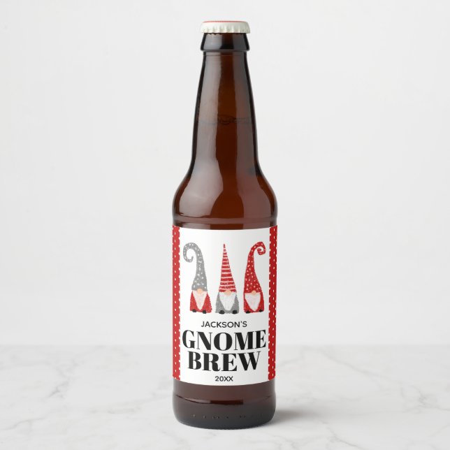 Personalised Gnome Brew  Christmas Swedish Gnomies Beer Bottle Label (Front)