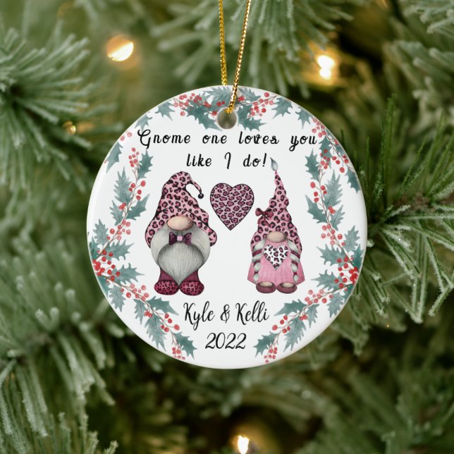 Personalised Gnome Couple Christmas Ceramic Tree Decoration (Tree)