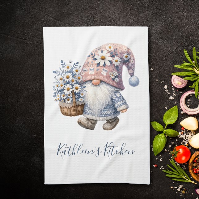 Personalised Gnome Daises White Yellow Flowers  Tea Towel (Daisy Flowers Gnome Personalized Kitchen Towel. Bridal Shower Gift, Housewarming gift,)