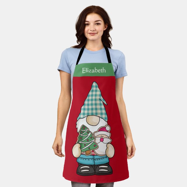 Personalised Gnome Red Green Christmas Holiday Apron (Worn)