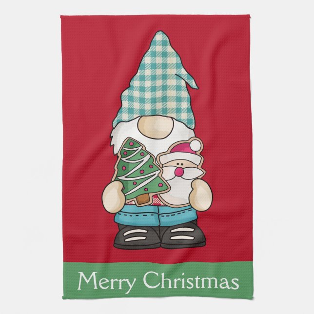 Personalised Gnome Red Green Christmas Holiday  Tea Towel (Vertical)