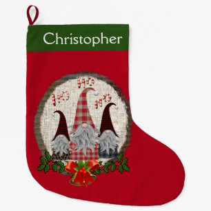 Personalised Gnome Red Green Holly Bells Cute Large Christmas Stocking