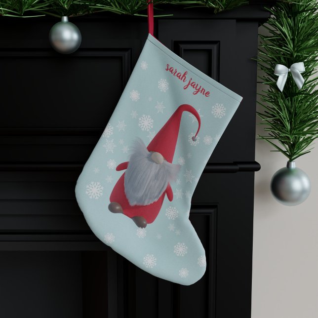 Personalised Gnome Snowflake Pattern Teal Small Christmas Stocking (A cute Christmas gnome dressed in red, with a white fluffy beard and a Santa hat on his head)