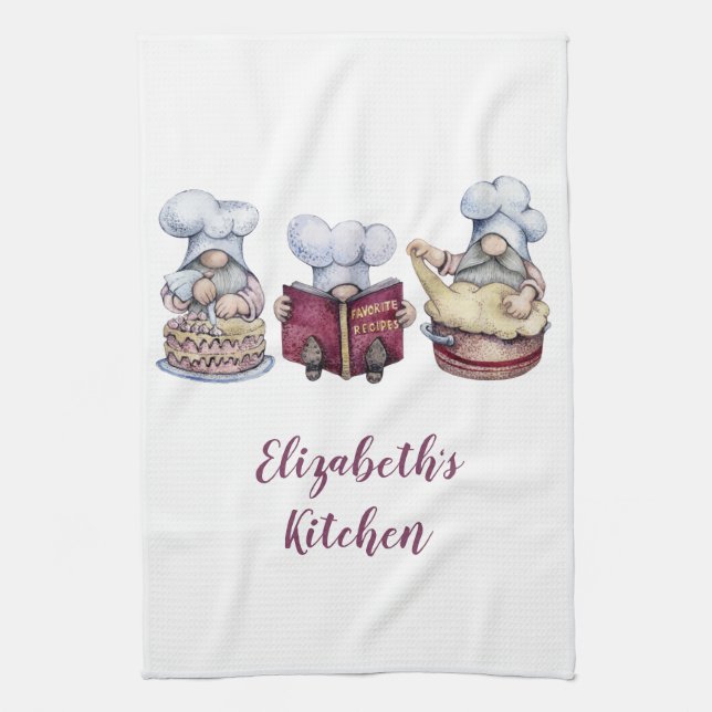Personalised Gnomes Baking Cooking Cute Whimsical Tea Towel (Vertical)