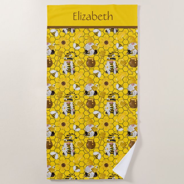 Personalised Gnomes Making Honey Yellow Floral Beach Towel (Front)