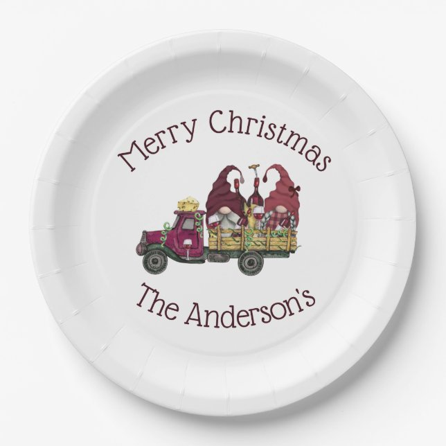 Personalised Gnomes Wine Truck Holiday Christmas Paper Plate (Front)
