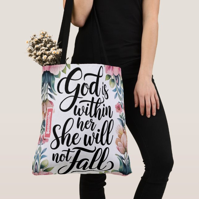 Personalised God is Within Her Christian Women Tote Bag (Close Up)