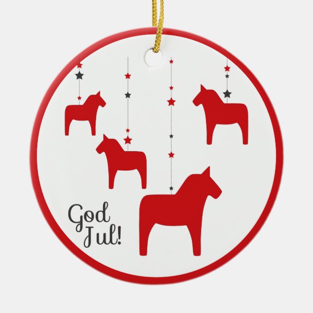Personalised God jul! Christmas Dala Horse Ceramic Tree Decoration (Front)