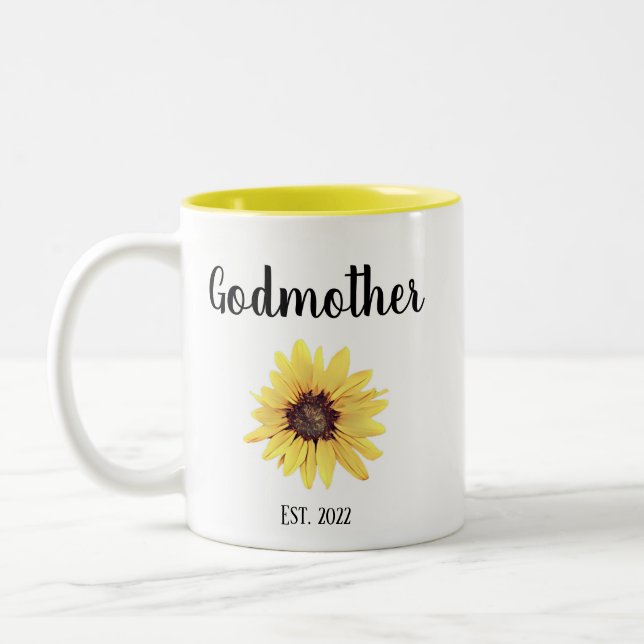 Personalised Godmother Est. Painted Sunflower Two-Tone Coffee Mug (Left)