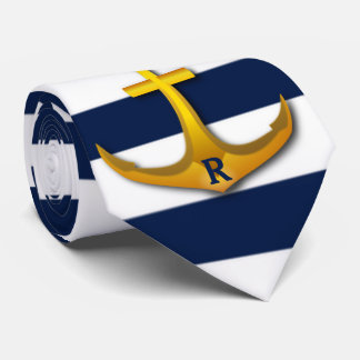 Personalised Gold Anchor Navy White Stripes Tie