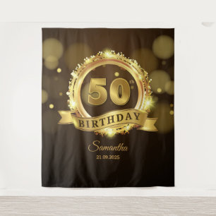 Personalised gold and black 50th birthday backdrop tapestry